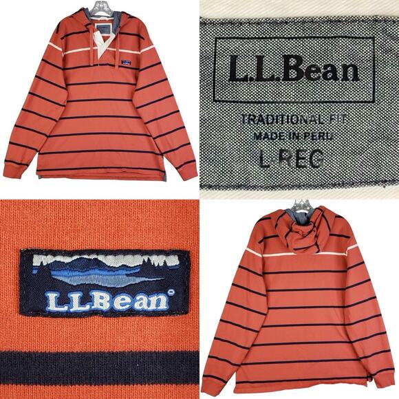 LL Bean Sweatshirt Mens Size L Orange Striped Long Sleeve Rugby Hoodie Pullover - Picture 1 of 12